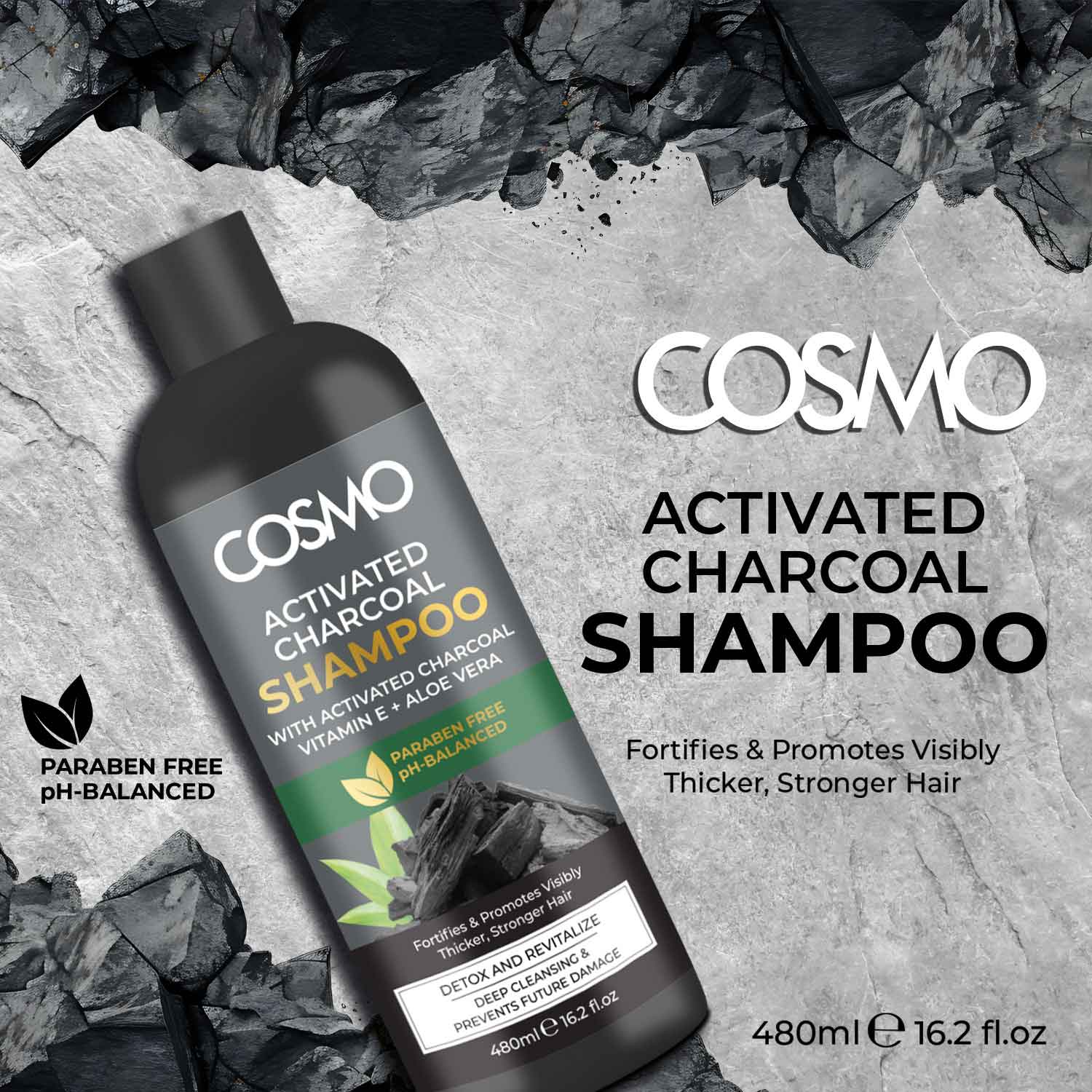 Bottle of Cosmo Activated Charcoal Shampoo on a grey background with text highlighting its key features: paraben-free, pH-balanced, with activated charcoal, vitamin E, and aloe vera. 480ml (16.2 fl. oz).